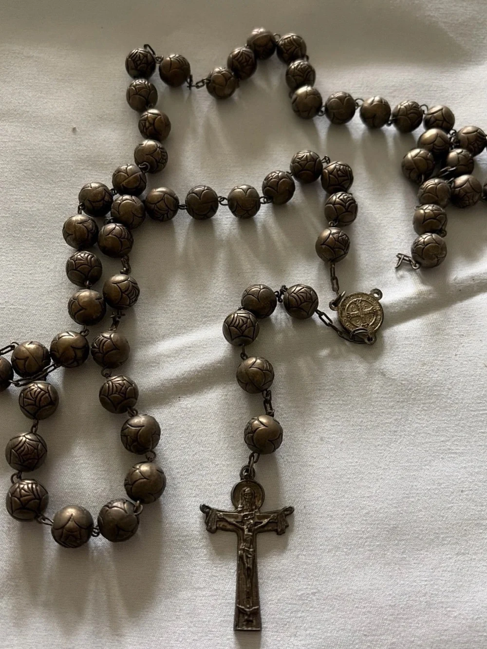 Antique-Style Brass Rosary Beaded Necklace with Crucifix
